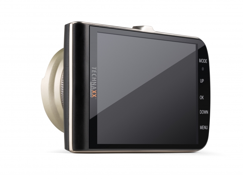 Eine gold-schwarze Dashcam mit Bildschirm, Technaxx-Logo und Tasten.