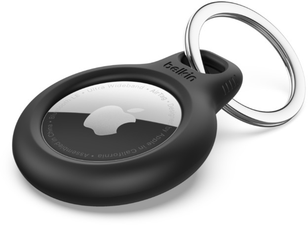 A black Belkin AirTag on a keychain, with the apple logo visible and white background.