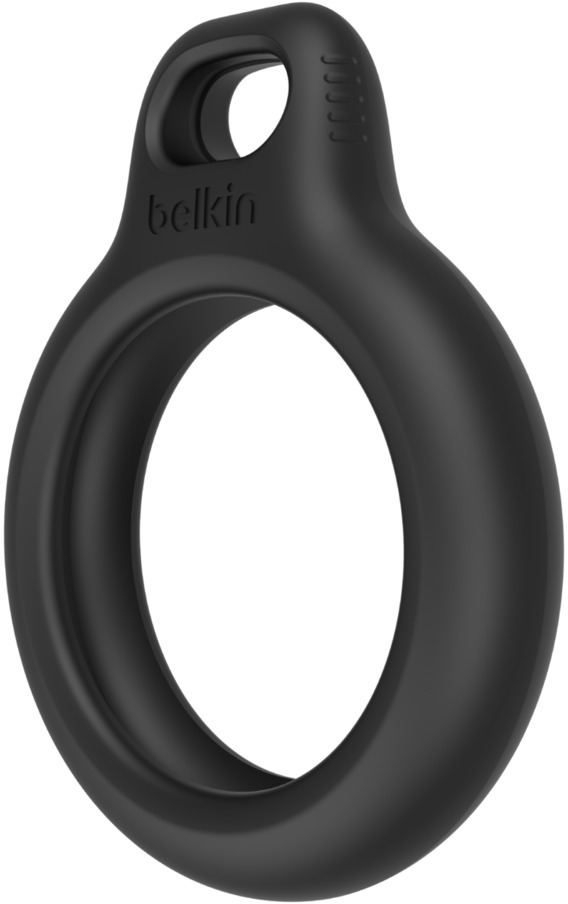 Black Belkin AirTag holder, circular design with a loop at the top, smooth texture.