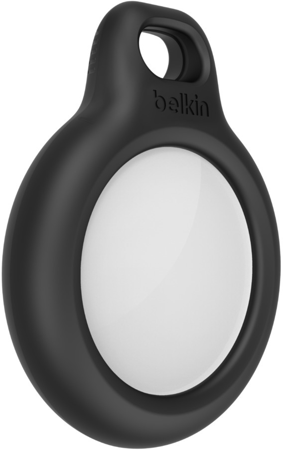 Black Belkin AirTag tracker. The tracker is black with a white circular center.
