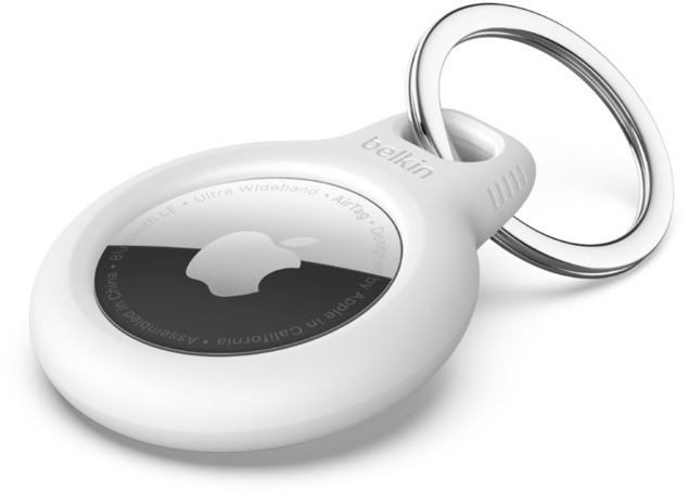 A white Belkin AirTag on a keychain, with the apple logo visible and white background.