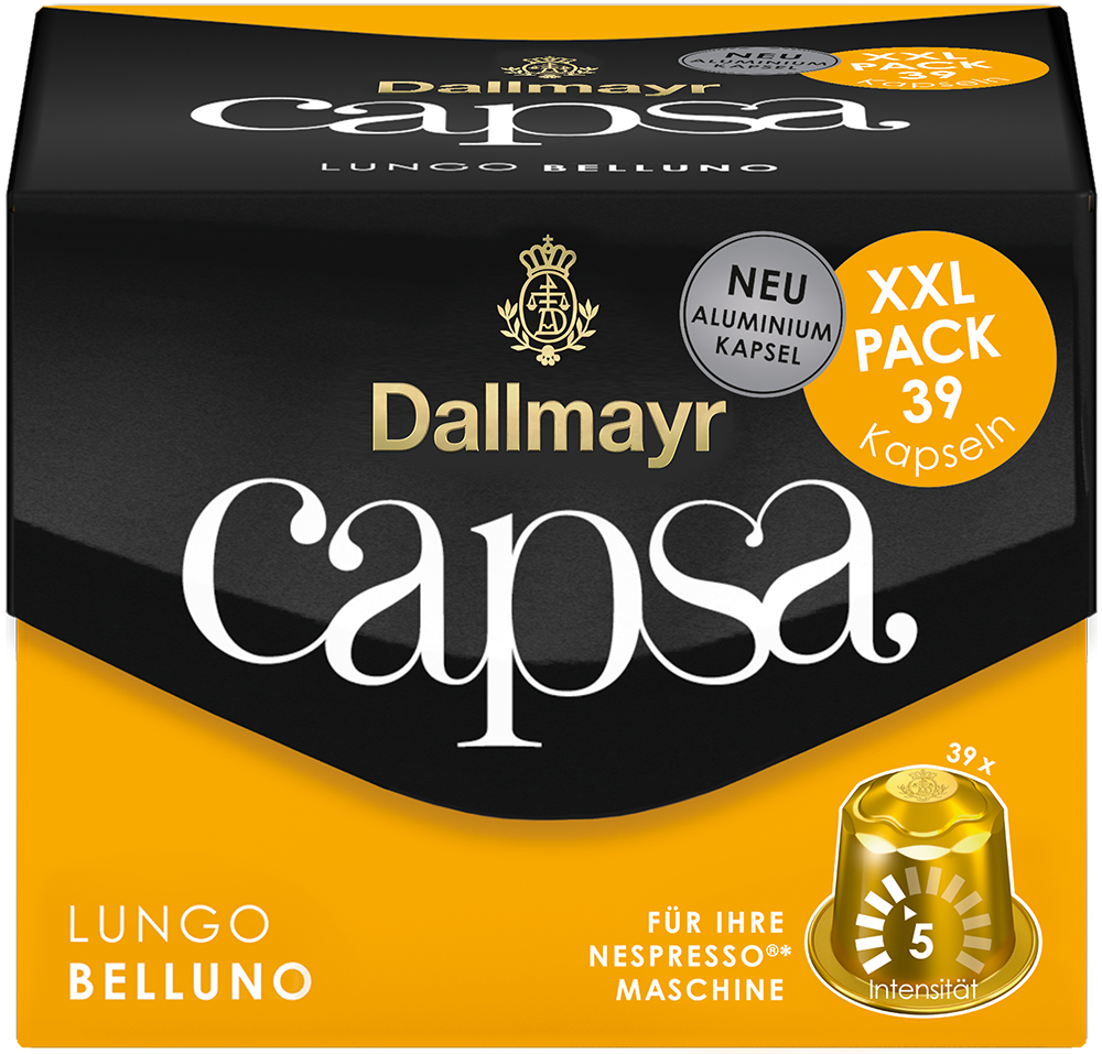 Kaffeekapselbox mit schwarzem und goldenem Design, mit der Marke Dallmayr Capsa und einem prominenten 'XXL Pack'-Label.