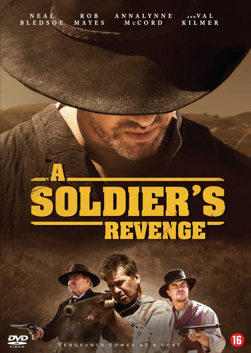DVD-hoes: Man met hoed, twee anderen met geweren, titel "A Soldier's Revenge".
