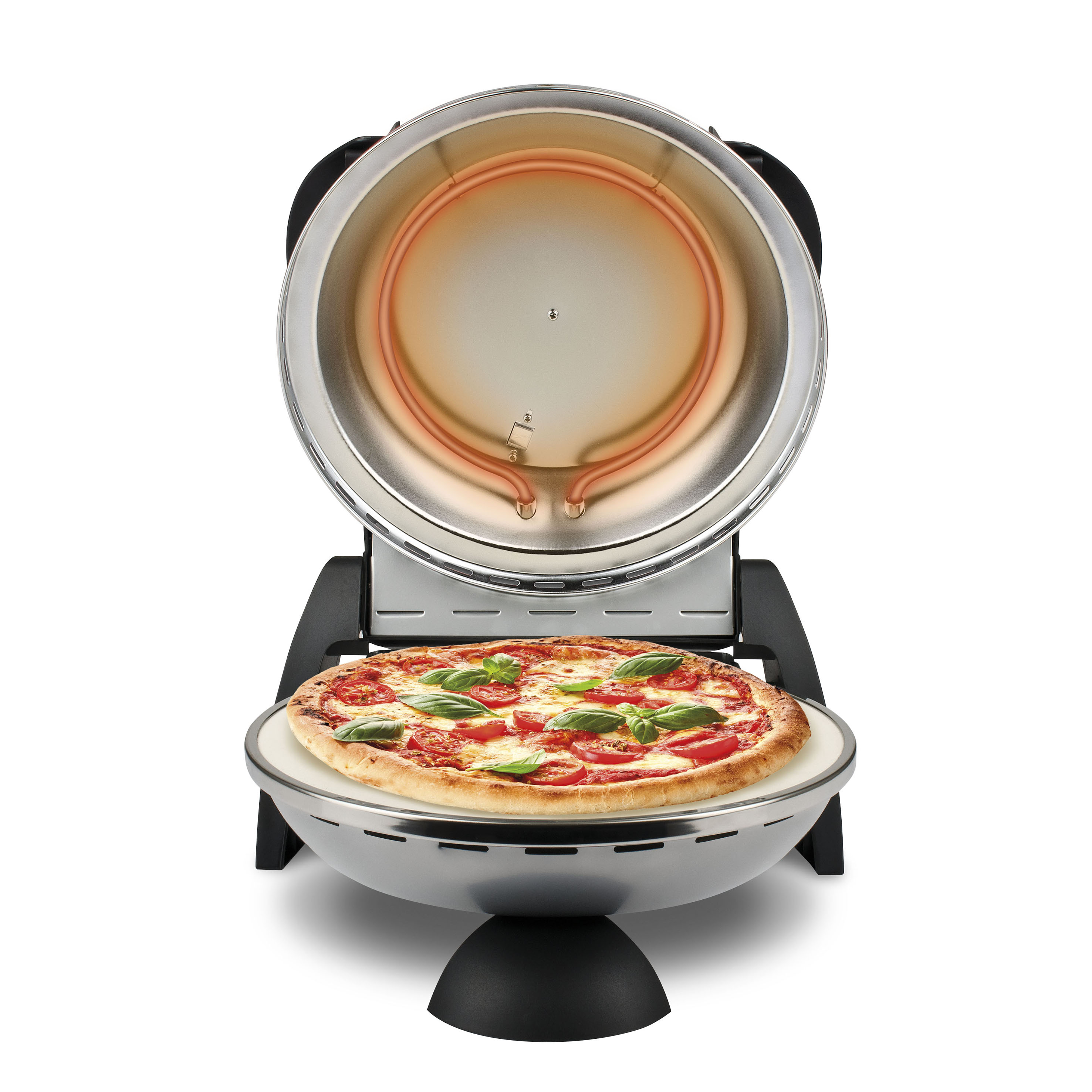 Pizzaofen mit einer Pizza darin. Der Ofen ist geöffnet und zeigt ein Heizelement. Die Pizza ist mit Tomaten und Basilikum belegt.