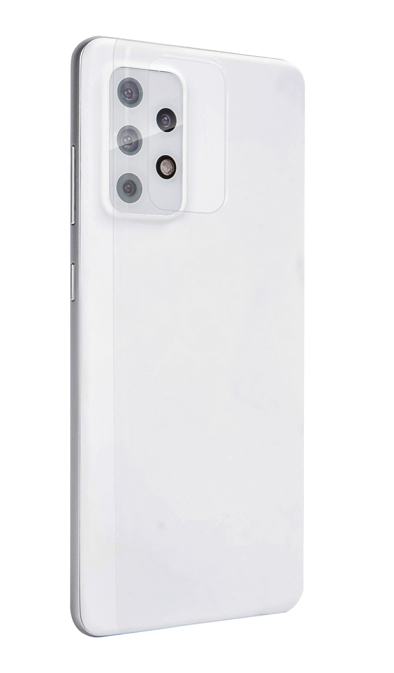 Weißes Telefon mit Kamera-Array. Klare Hülle darauf. Seitenansicht.