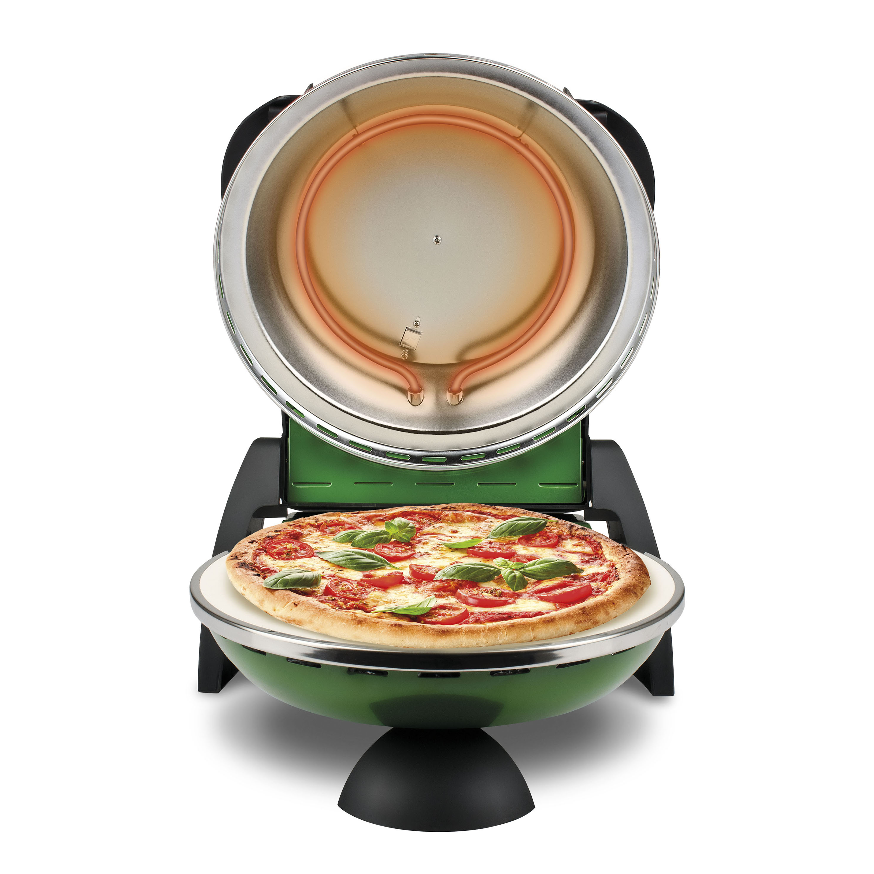 Ein grüner Pizzaofen mit einer Pizza darin. Die Pizza hat Tomaten und Basilikum. Der Ofen ist offen.