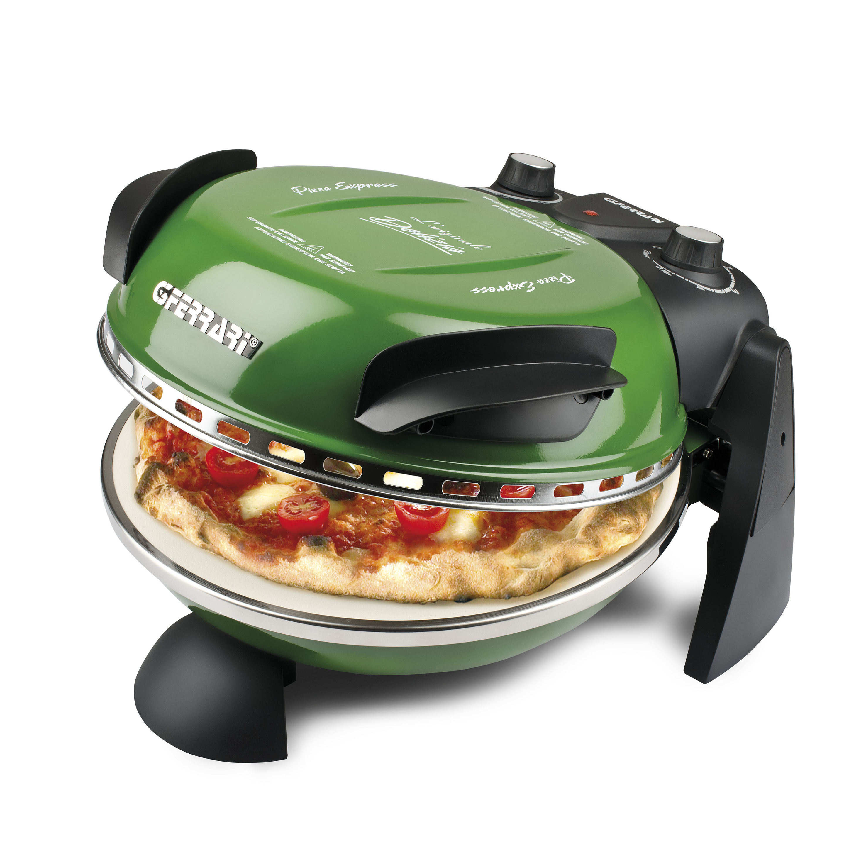 Ein grüner Ferrari Pizza Express Ofen mit einer Pizza. Die Pizza hat Tomaten und Käse. Schwarze Bedienelemente.
