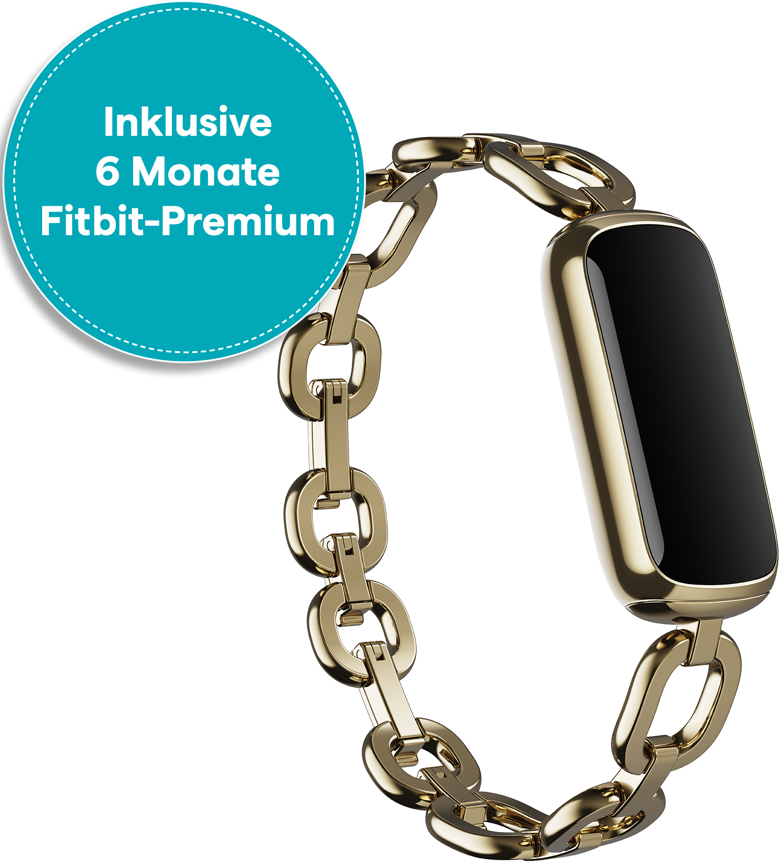 Montre Fitbit-Premium dorée avec une chaîne dorée. Étiquette circulaire bleue avec texte '6 Mois Fitbit Premium'.