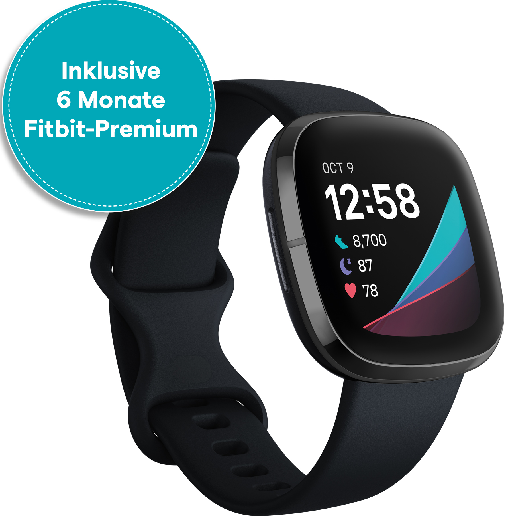 Smartwatch nera con cinturino nero, mostra ora e dati sanitari. Include un adesivo turchese con testo su Fitbit Premium.