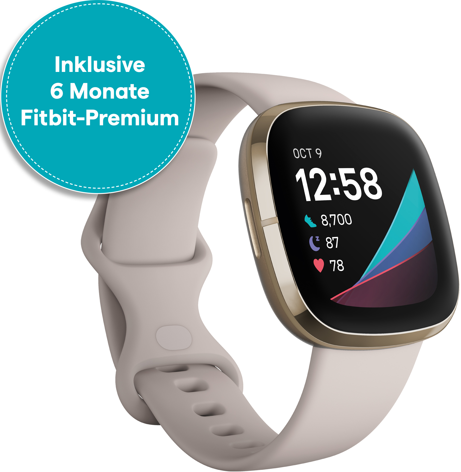 Smartwatch al polso, con cinturino beige e cassa dorata. Il display mostra ora, frequenza cardiaca e data.