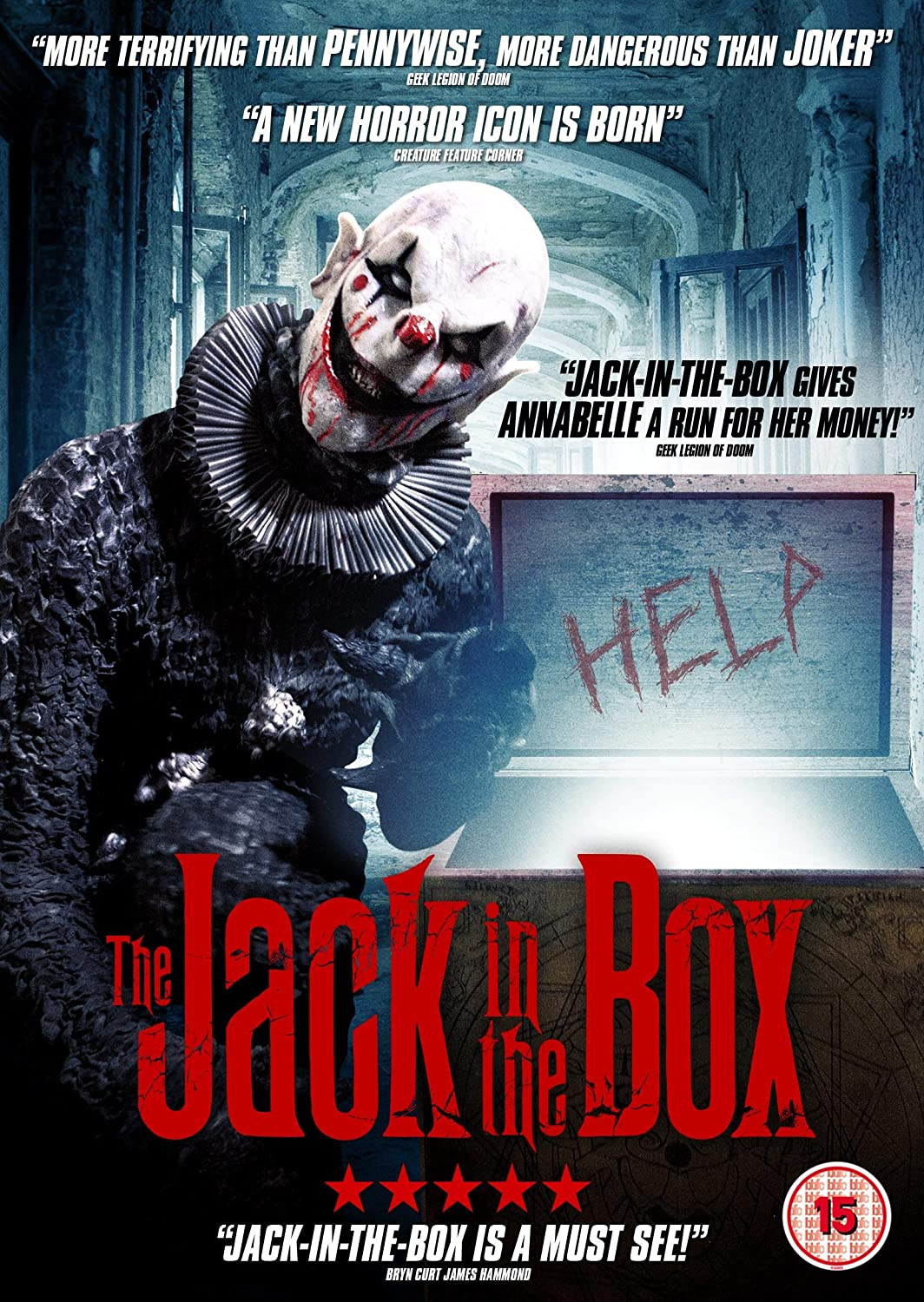 Affiche de film avec un clown et les mots « The Jack in the Box ». Thème horreur.