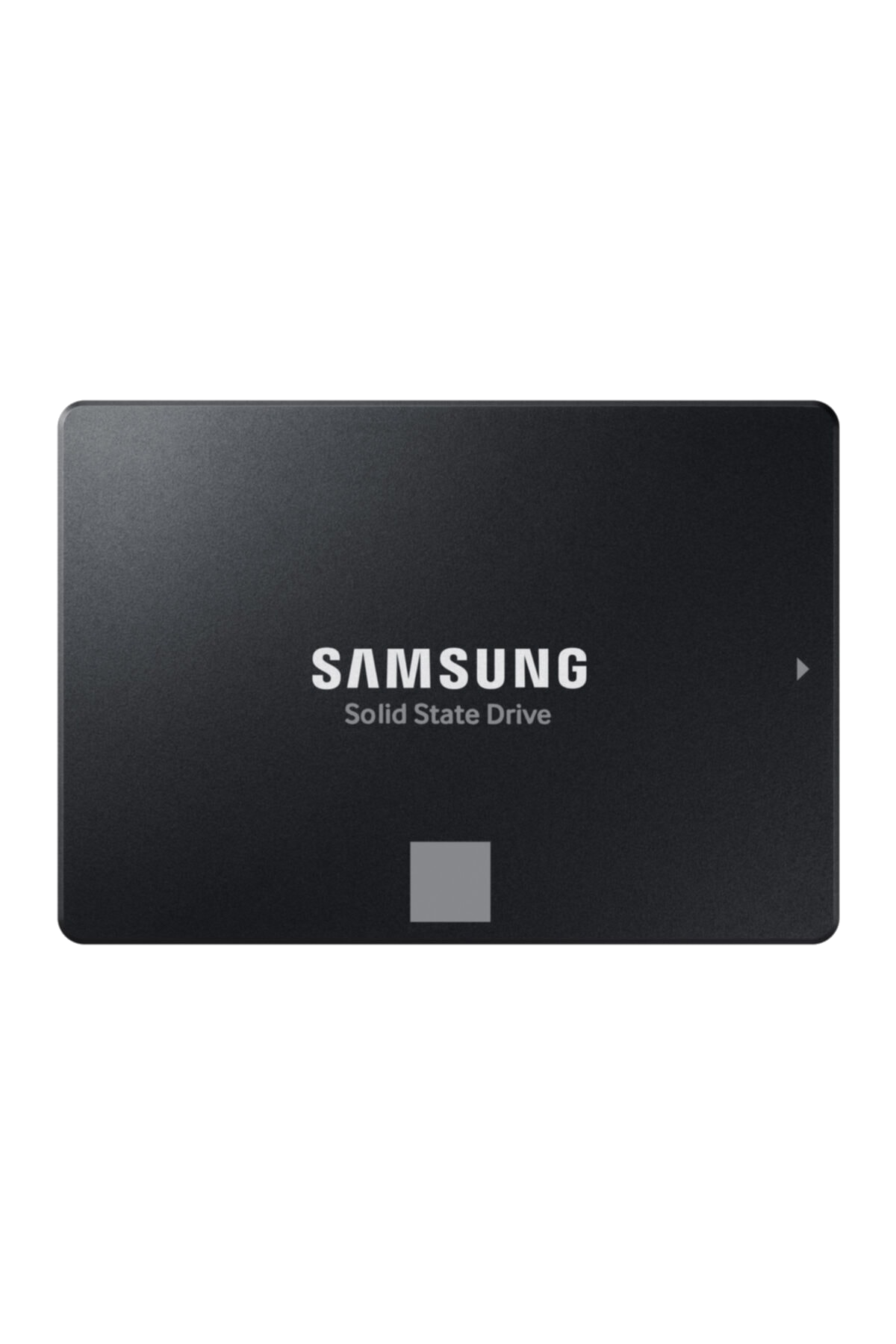 Siyah SSD, Samsung logosu. Ortada gümüş kare. Beyaz arka plan.