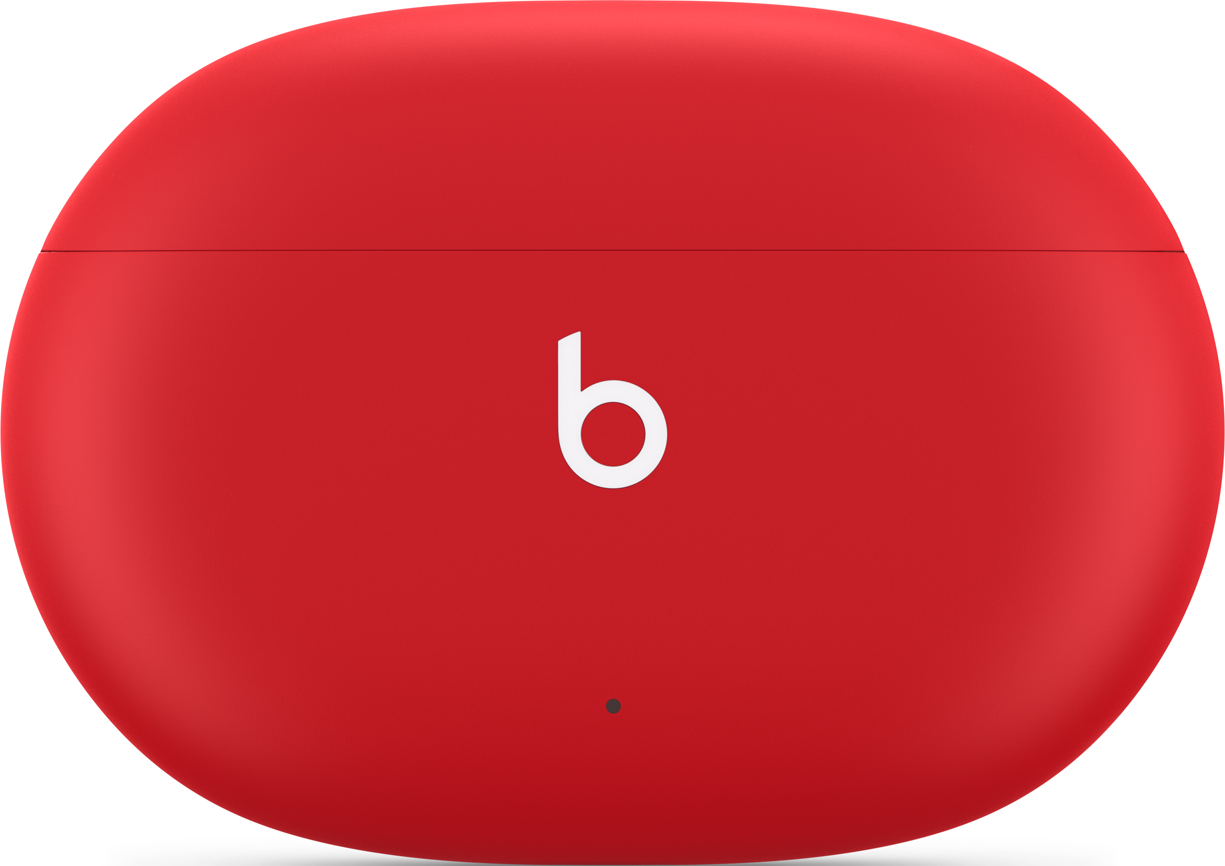 Una custodia di ricarica rossa Beats Studio Buds con un logo 'b' bianco sulla parte superiore.