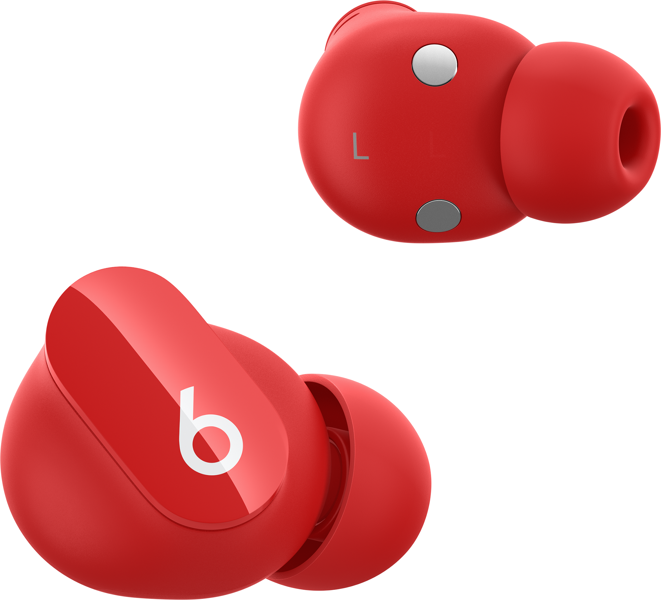 Due auricolari Beats rossi. Uno mostra una L. L'altro ha il logo Beats.