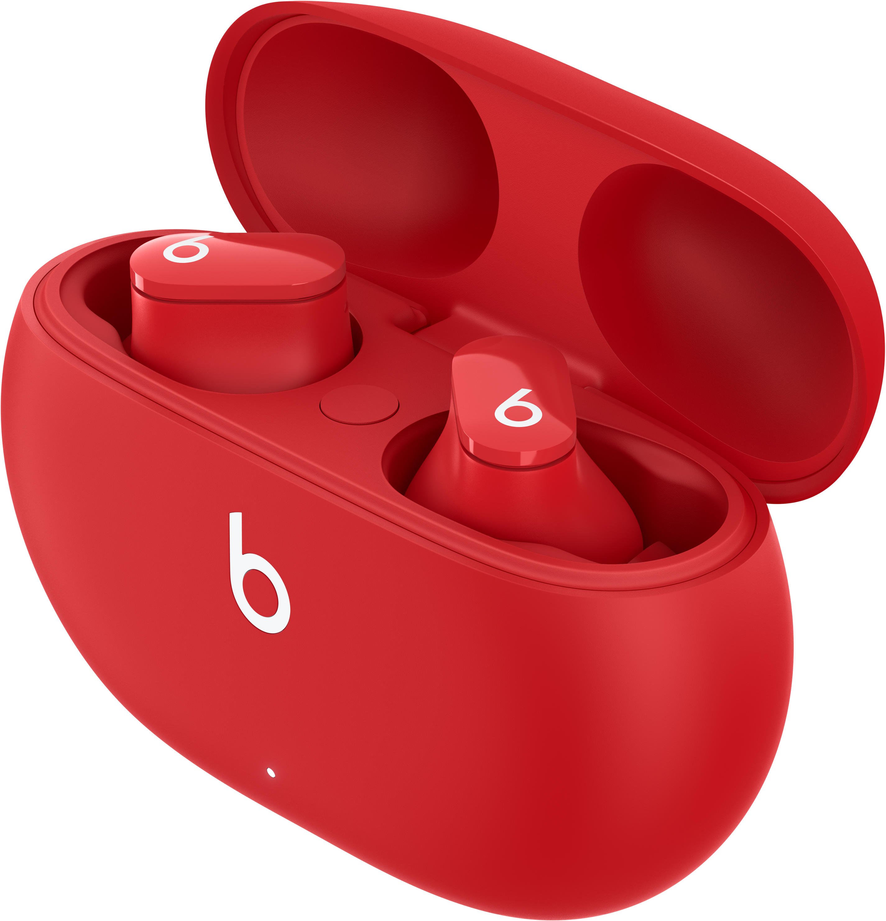 Auricolari Beats rossi nella loro custodia di ricarica aperta. Gli auricolari hanno una 'b' bianca.
