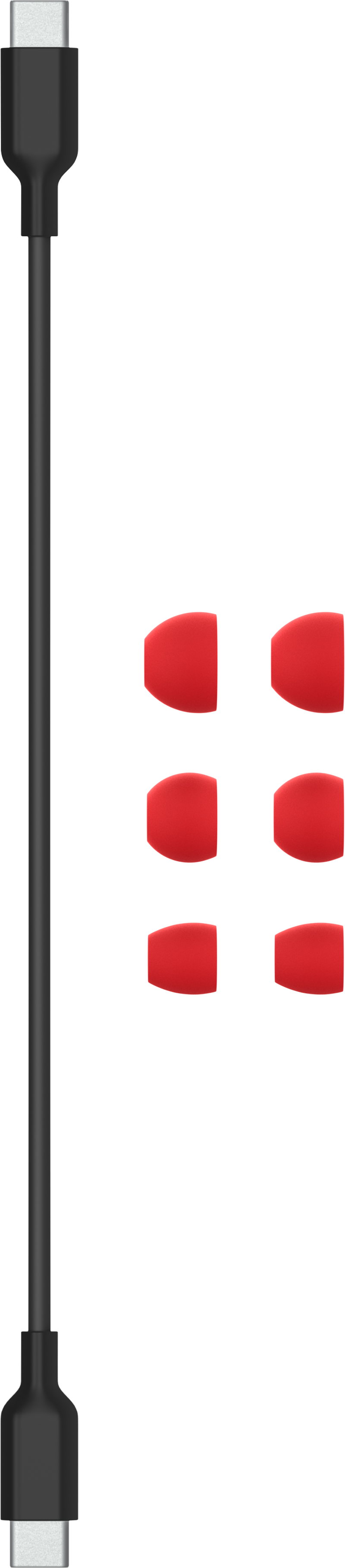 Punte degli auricolari rosse e cavo USB-C.