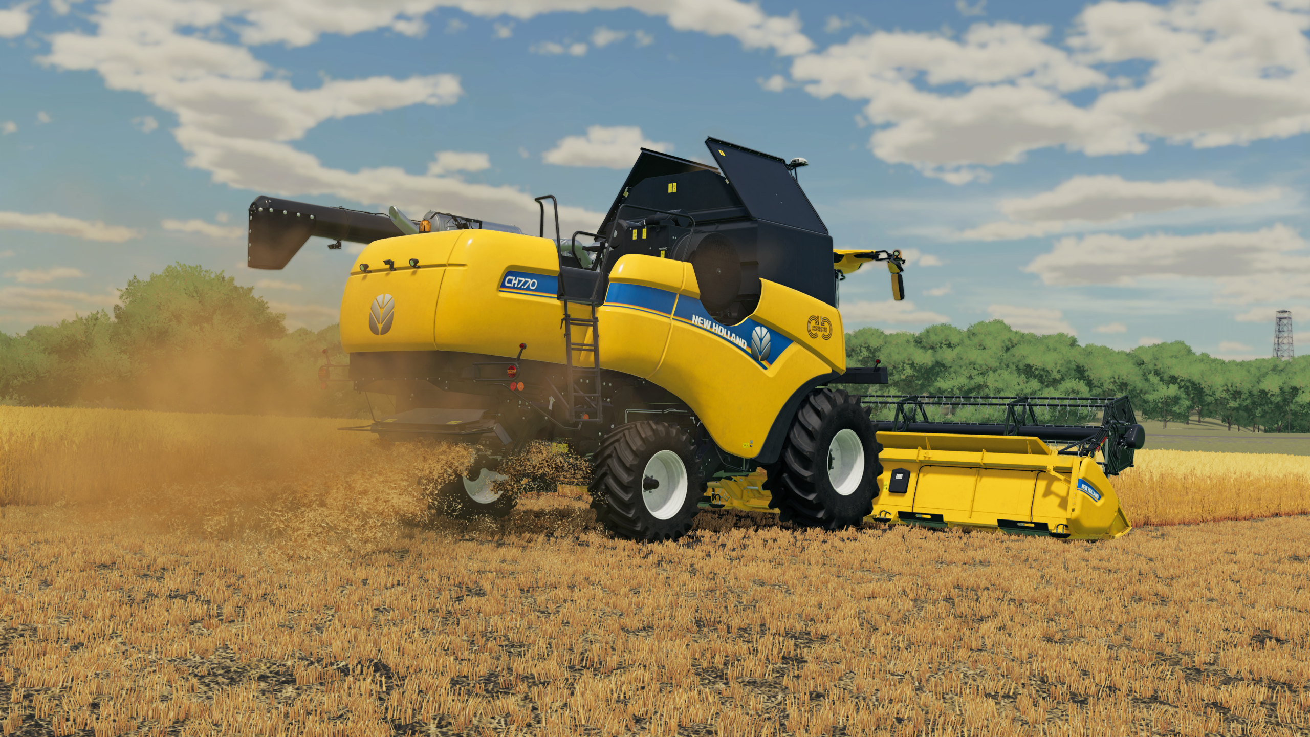 Gelber New Holland Mähdrescher arbeitet auf einem Weizenfeld an einem sonnigen Tag.