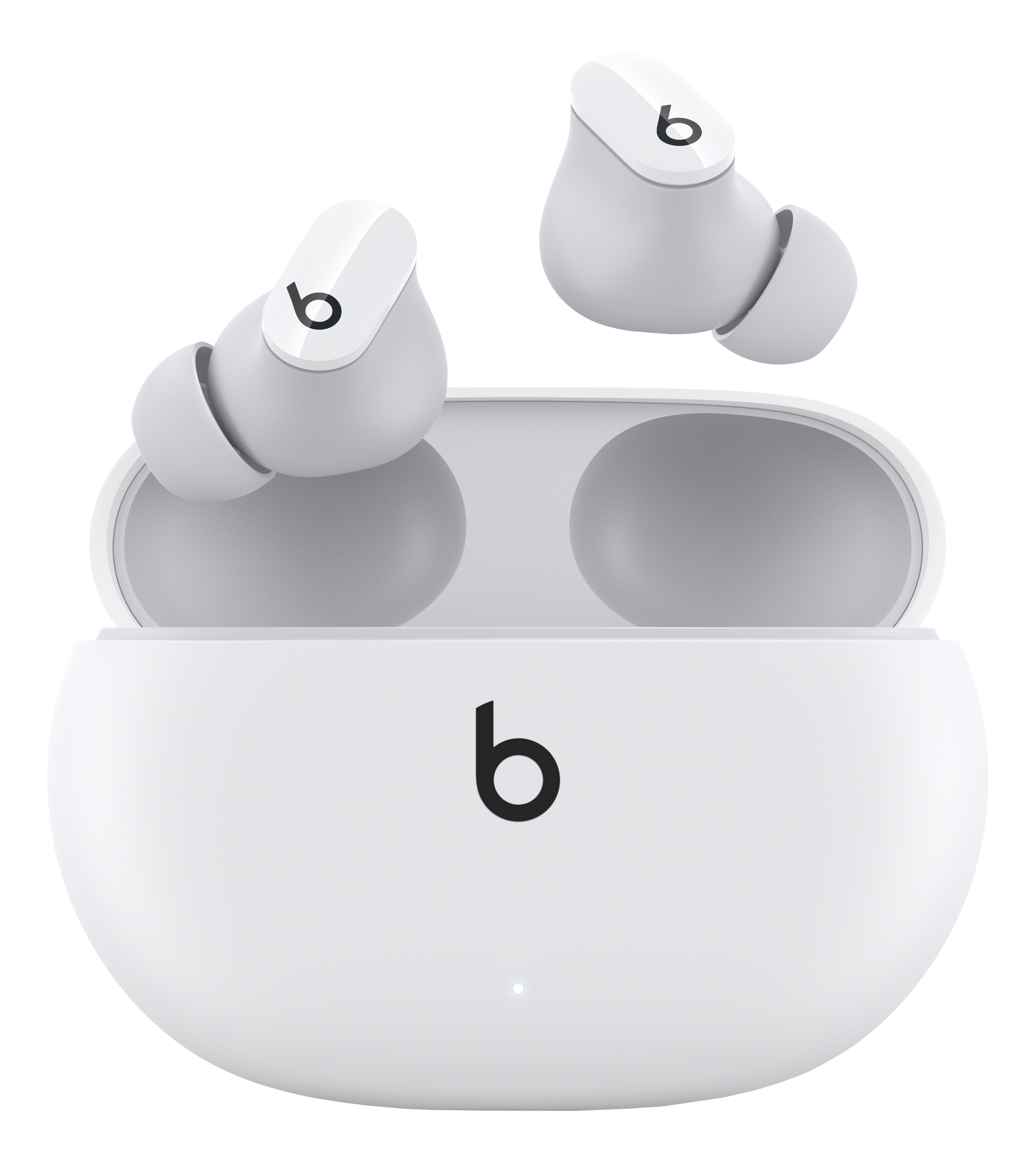 Weiße Beats-Ohrhörer und Ladeetui auf weißem Hintergrund. 'b'-Logo sowohl auf dem Etui als auch auf den Ohrhörern.