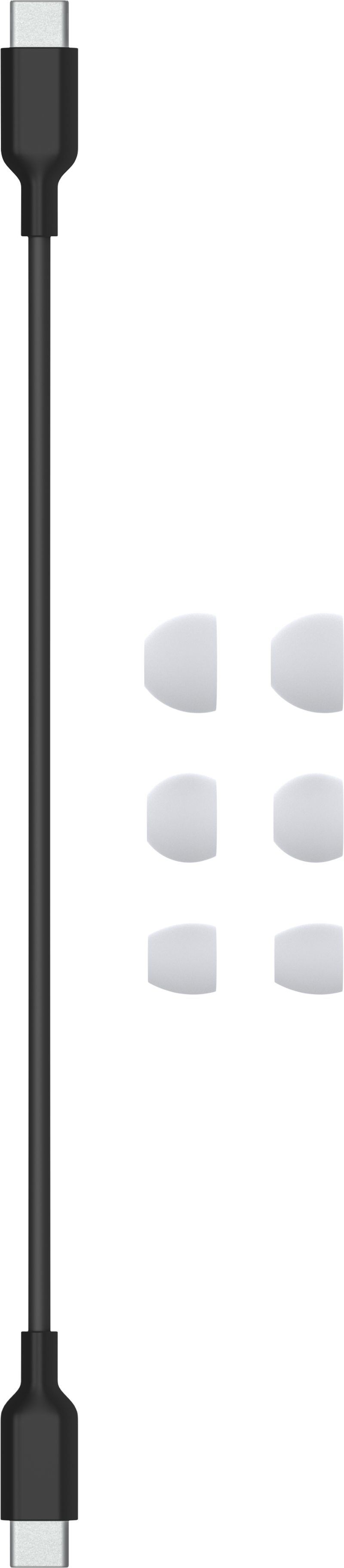 Schwarzes USB-C-Kabel und sechs weiße Ohrstöpsel. Das Kabel ist lang mit Anschlüssen an jedem Ende.