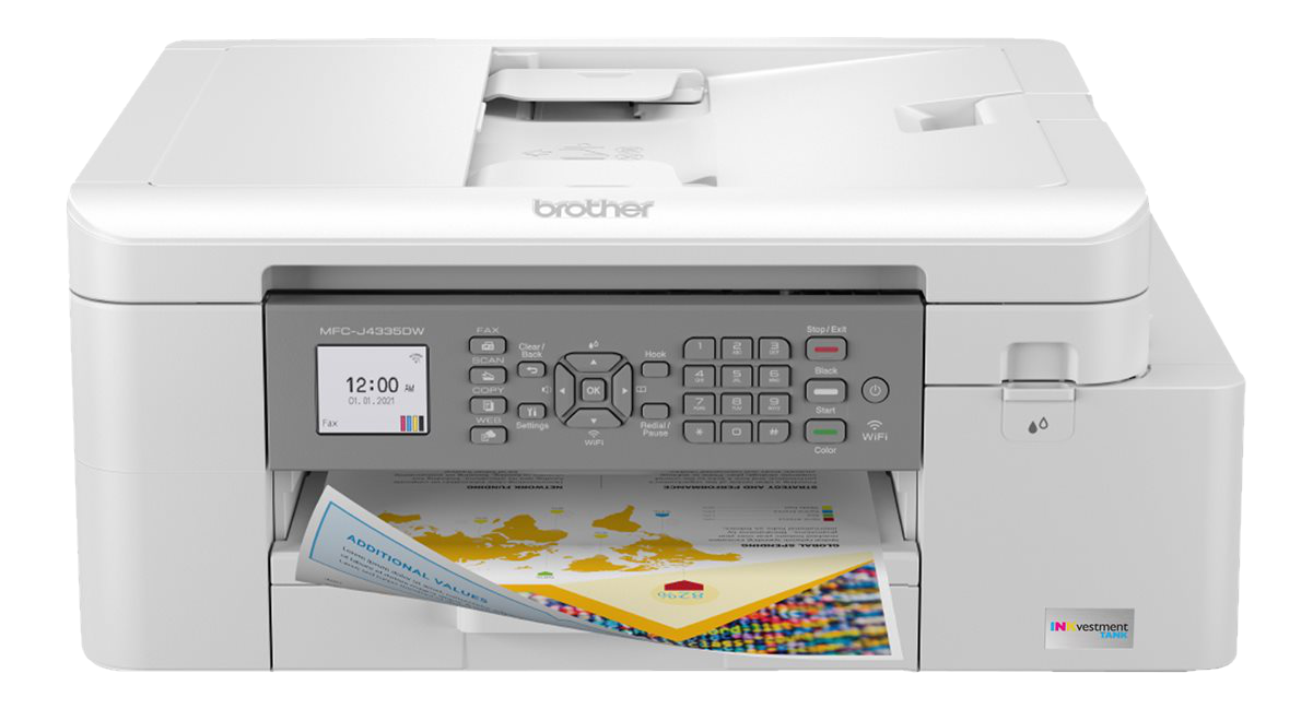 Imprimante blanche avec écran, imprimant un document.