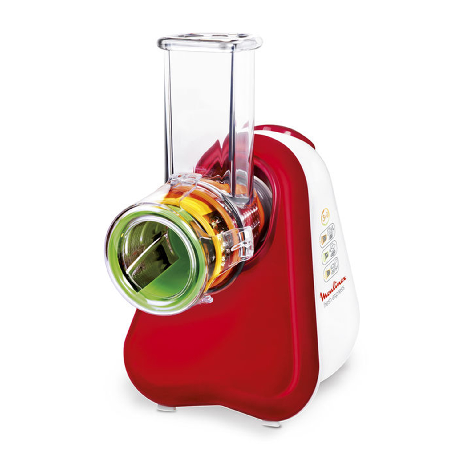 Affettatrice Moulinex rossa e bianca. Un contenitore trasparente contiene lame e verdure.