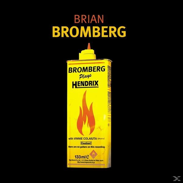 Album borító sárga dobozzal, lángokkal és a "Bromberg Plays Hendrix" felirattal. Fekete háttér.