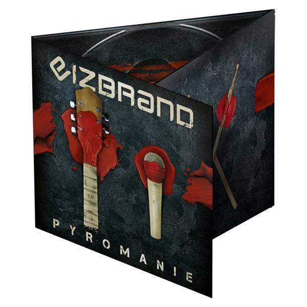 CD-Verpackung. Eine Gitarre, ein Mikrofon und ein Trommelstock sind mit roter Farbe bedeckt. Die Band ist 'eizbrand'.