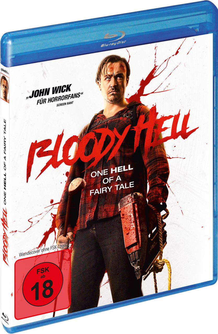 Blu-ray des Films 'Bloody Hell'. Ein Mann hält eine Nagelpistole.