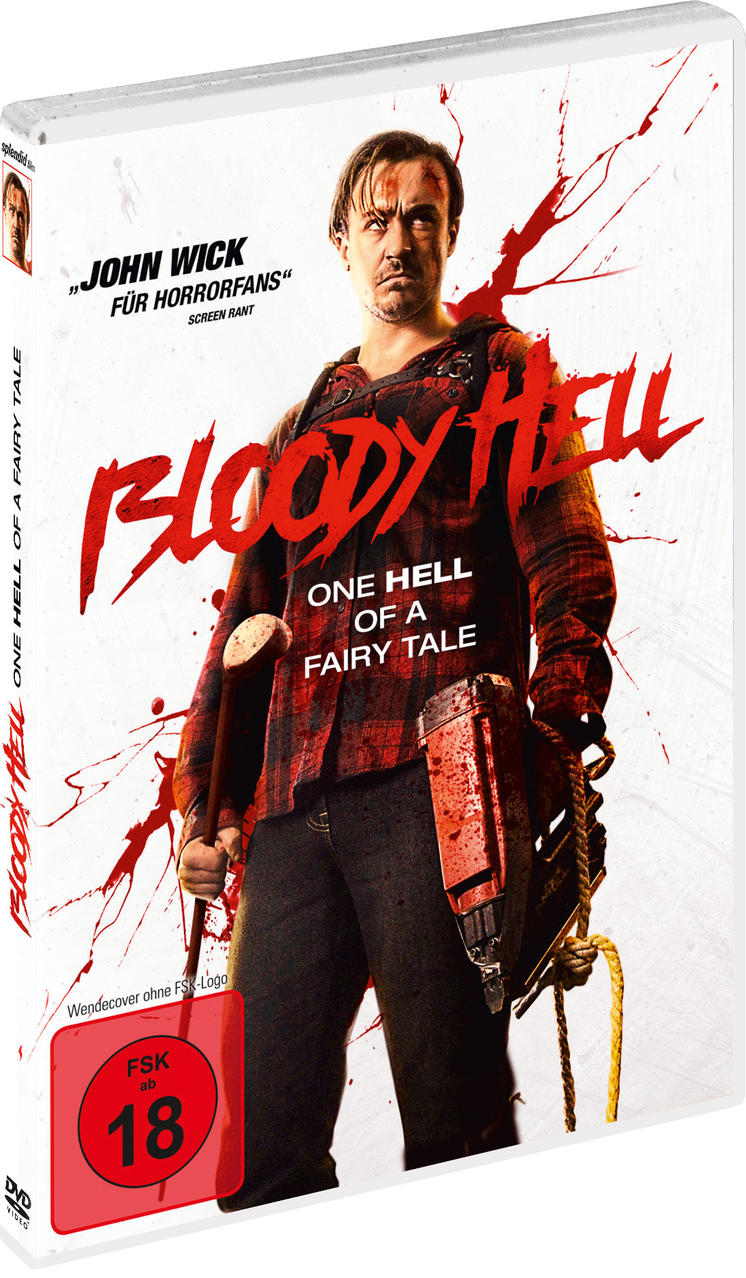 Filmcover. Ein Mann mit Hammer und Nagelpistole, Blutflecken an der Wand.