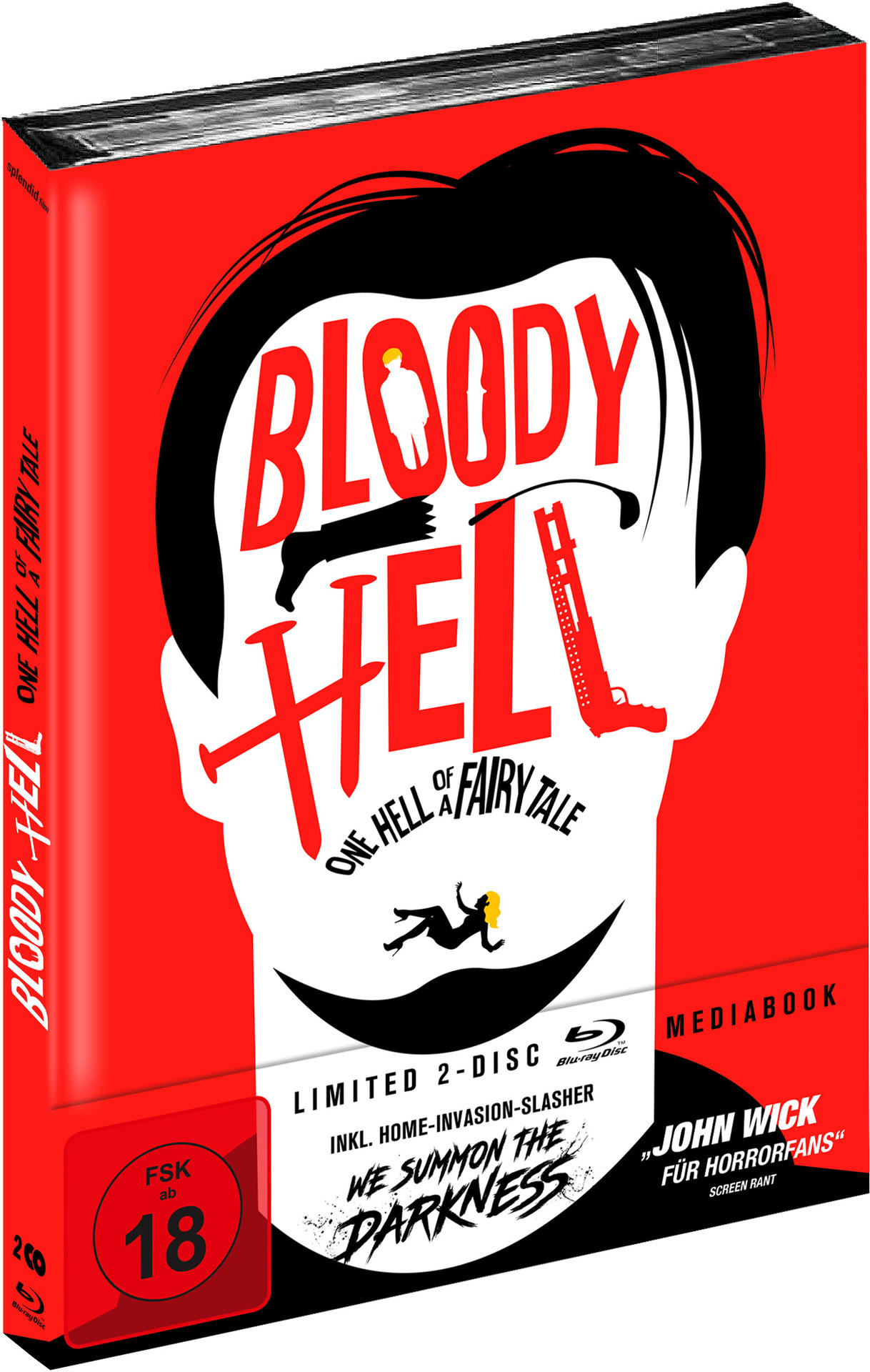 DVD-Cover des Films "Bloody Hell". Roter Hintergrund, Gesichtsumriss und Text.