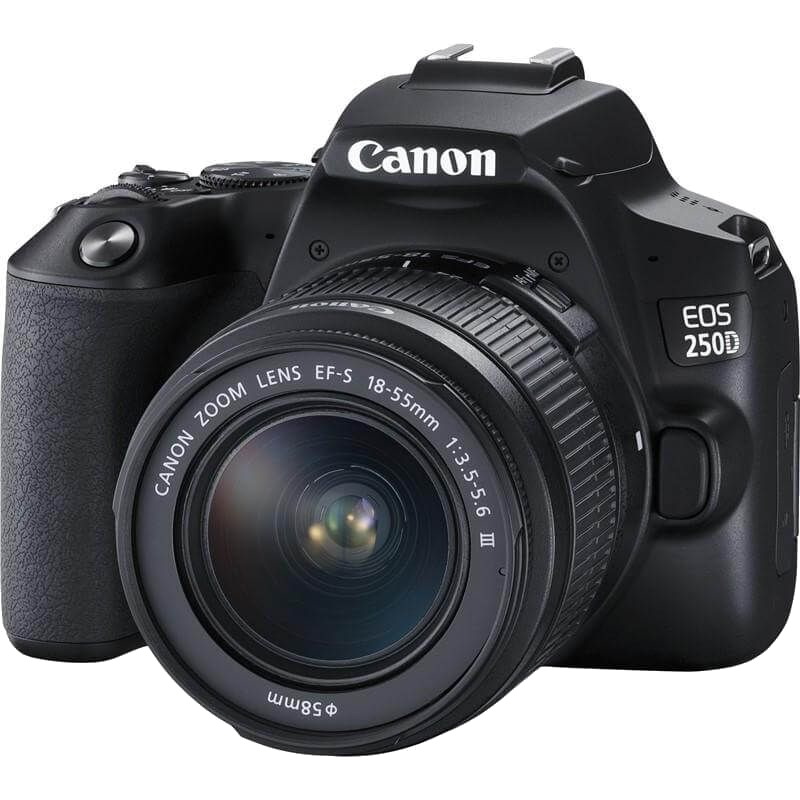 Siyah Canon EOS 250D kamera ve lens. Kamera siyah bir arka plan üzerinde.