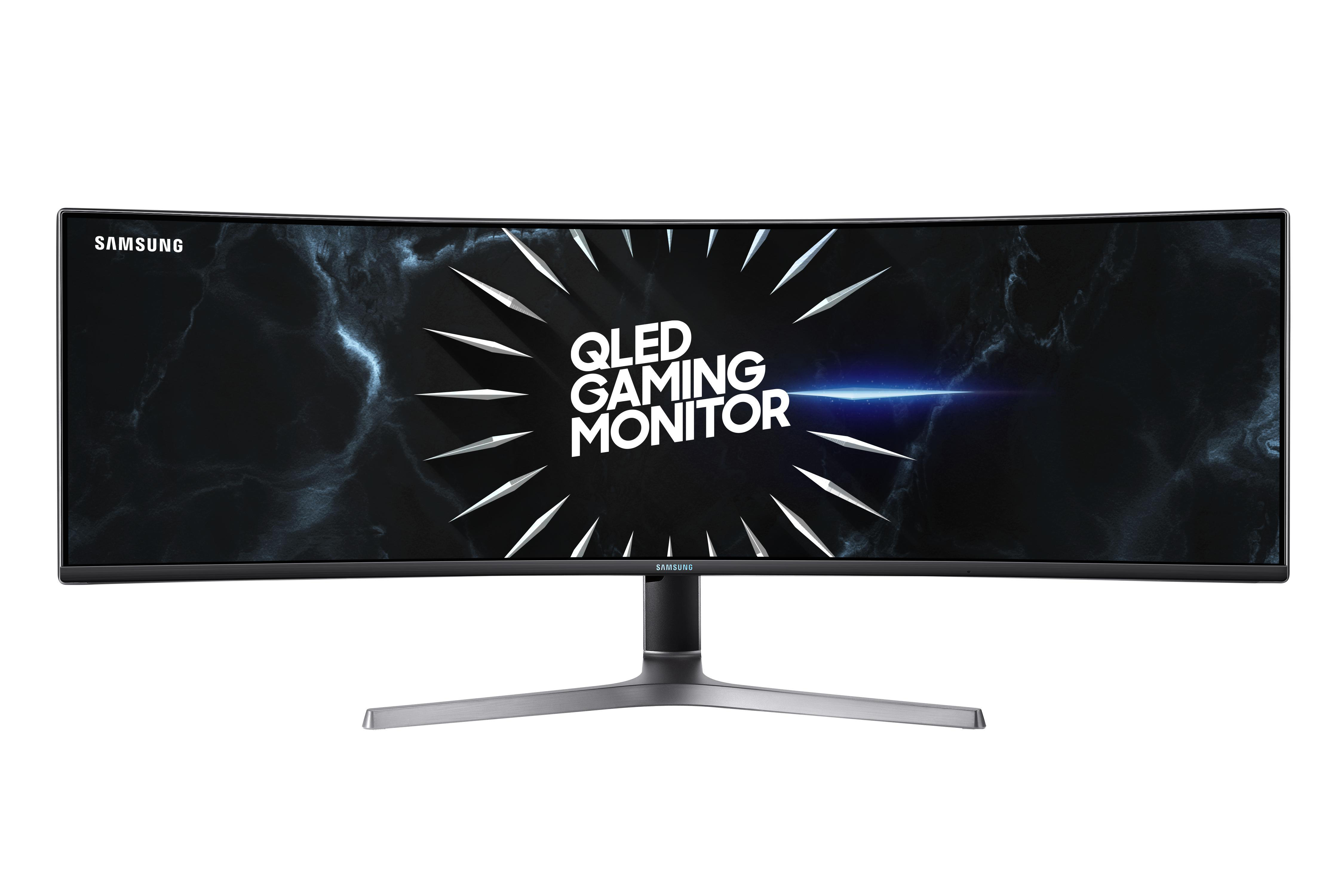 Gebogener Samsung QLED Gaming-Monitor mit Standfuß, weißem Hintergrund und dem Text 'QLED GAMING MONITOR'.