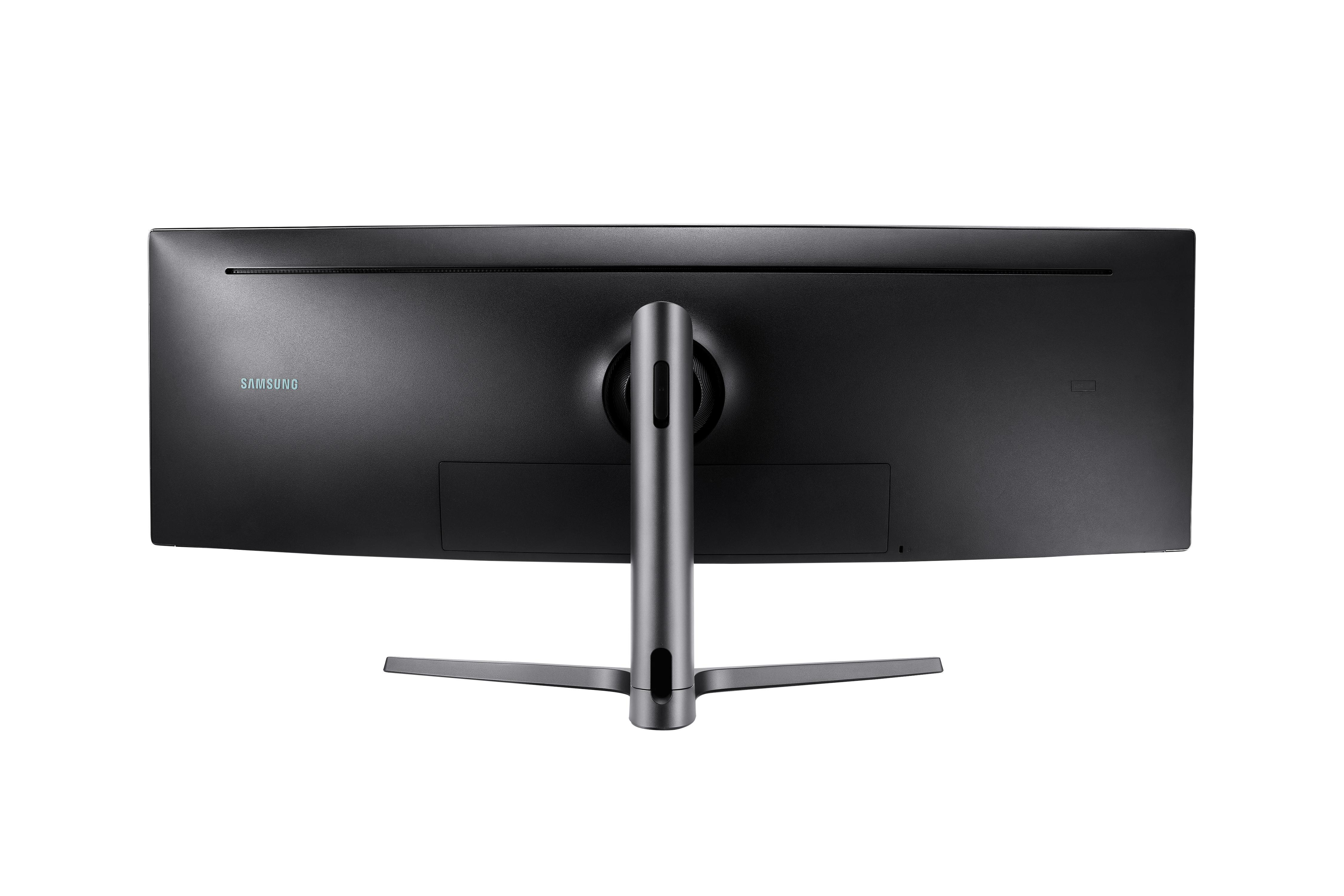 Schwarzer, gebogener Samsung-Monitor, Rückansicht, mit Ständer.