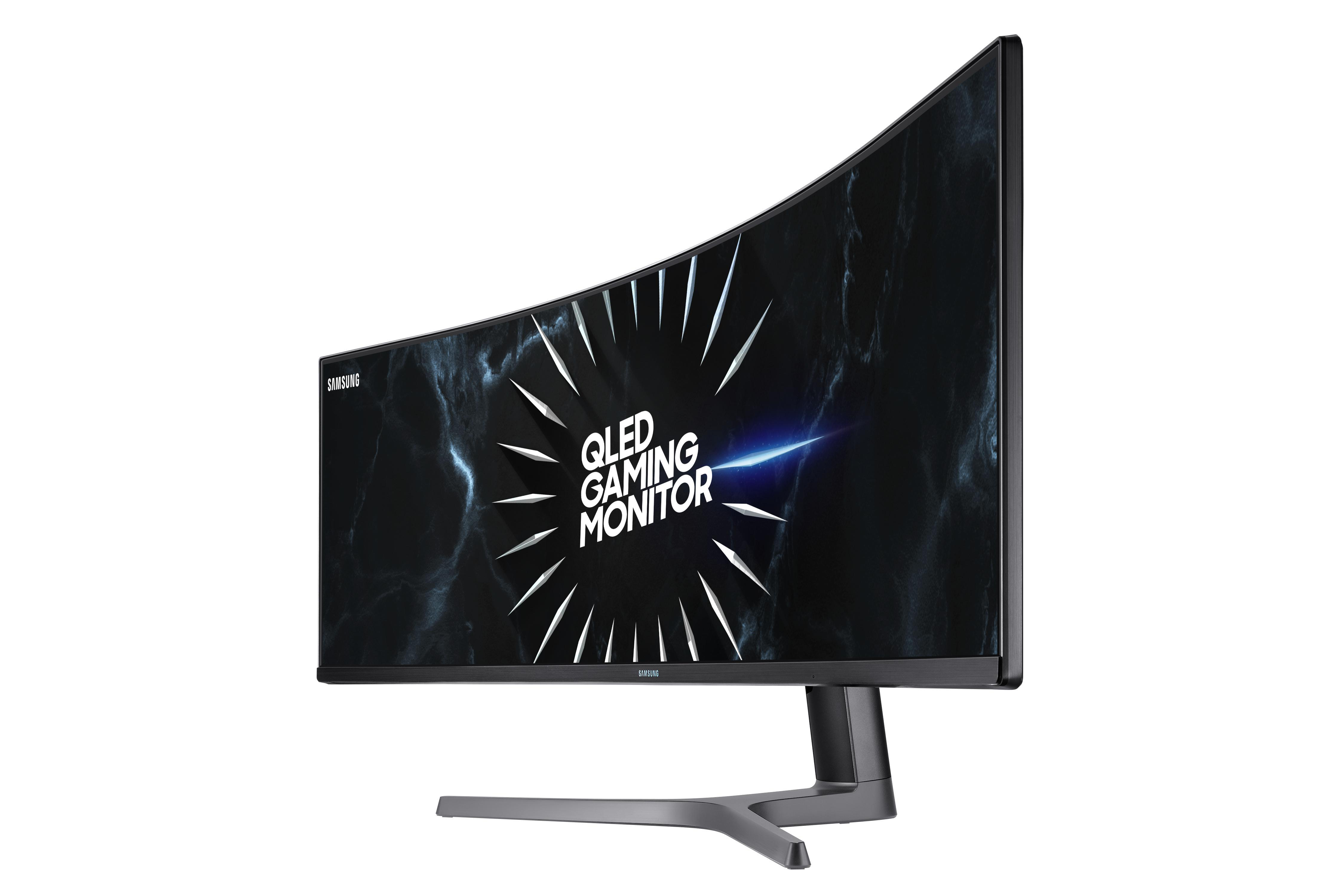 Gebogener Samsung QLED Gaming Monitor mit Gaming-Logo. Weißer Hintergrund.