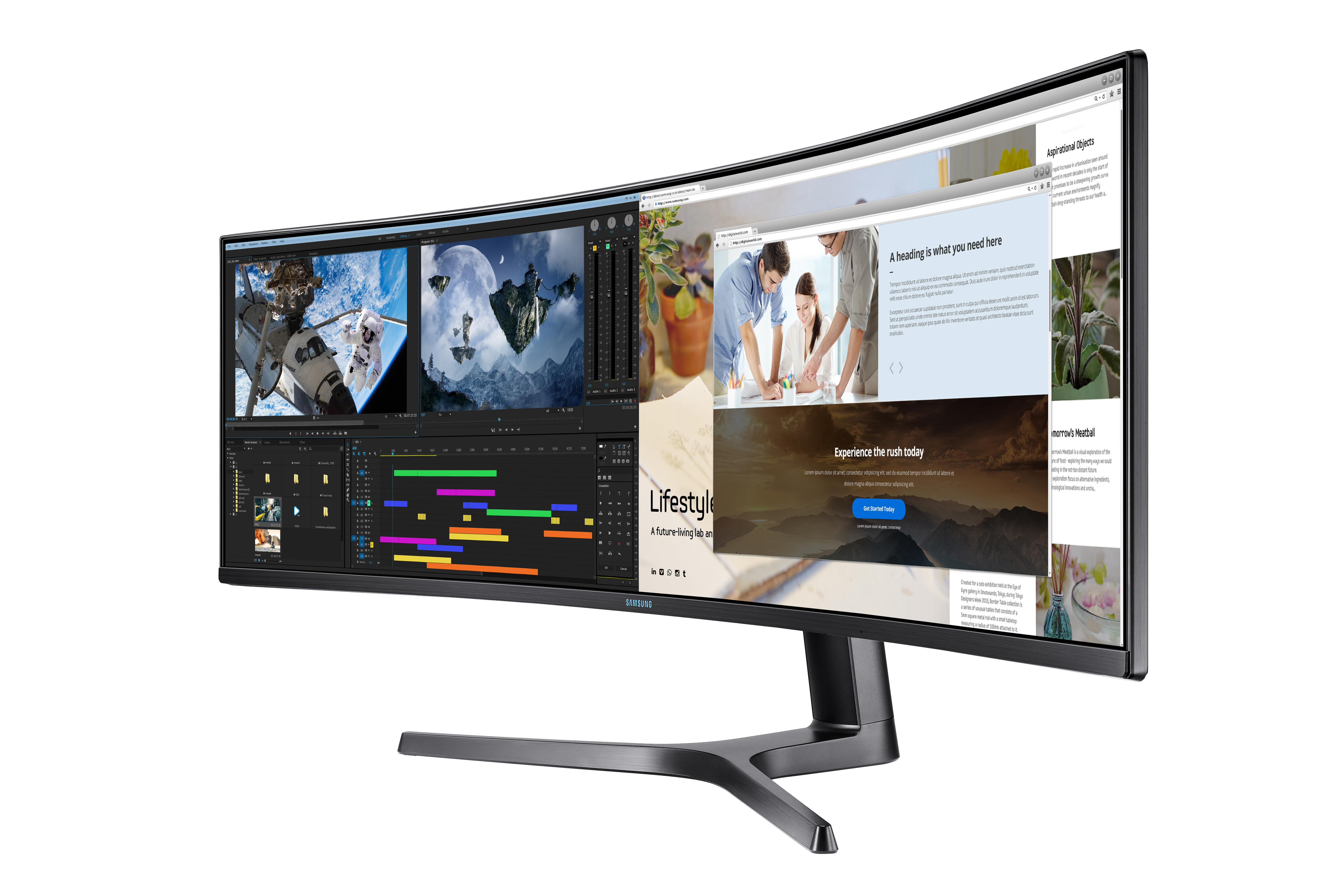 Gebogener Ultra-Breitbild-Computermonitor zeigt mehrere Fenster und weißen Hintergrund.