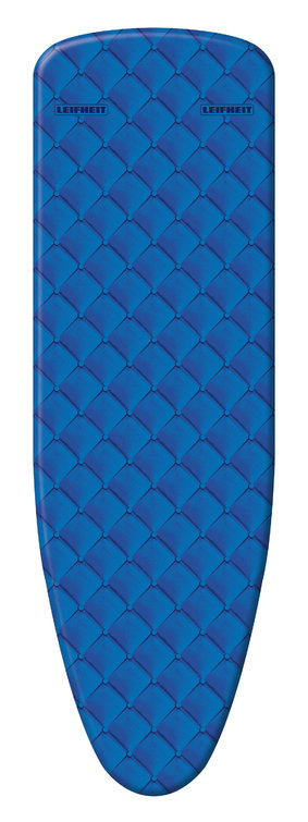 Housse de planche à repasser bleue avec motif répétitif, la marque Leifheit est visible.