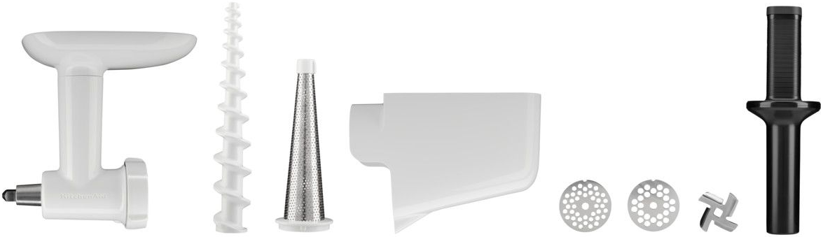 Accessori per tritacarne KitchenAid. Varie parti tra cui testa, vite senza fine e lame.
