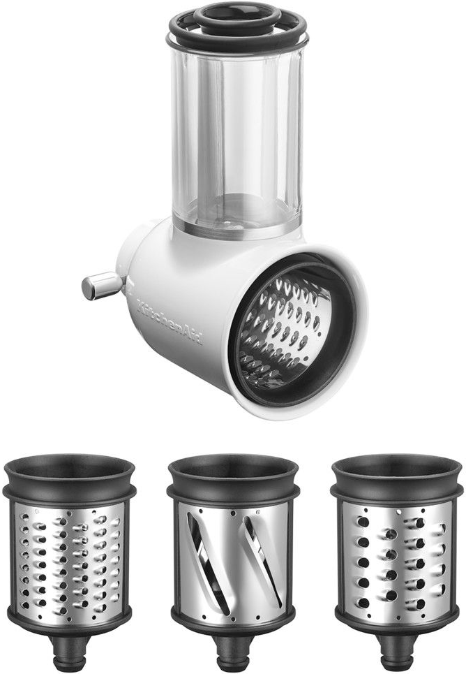 Accessorio per robot da cucina KitchenAid con tre lame. Bianco e argento.