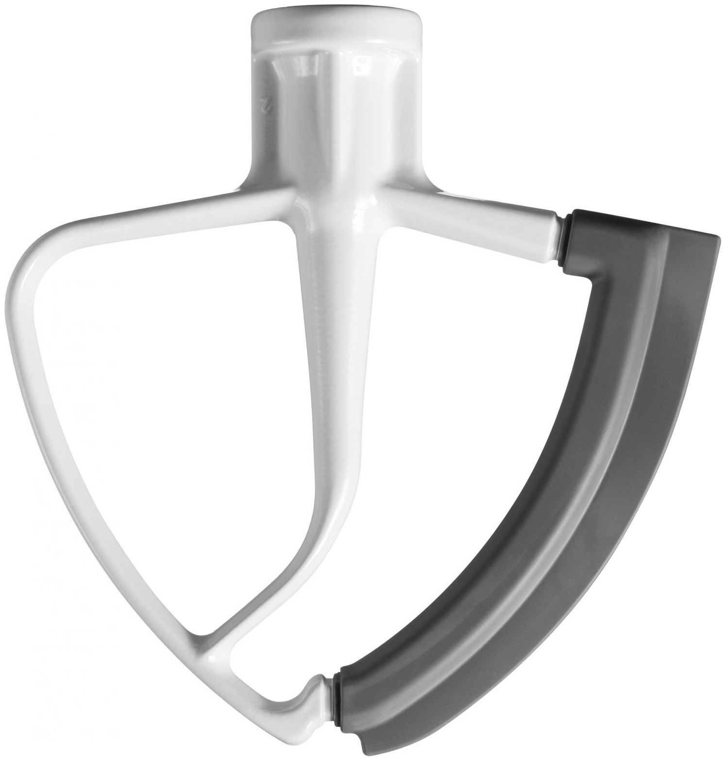 Un accessorio per mixer KitchenAid bianco, la frusta piatta, con bordo grigio.