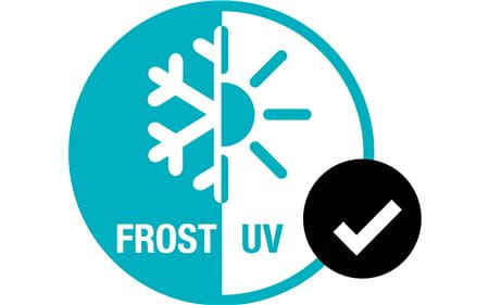 Ein blau-weißes rundes Symbol mit Schneeflocke und Sonne, das Frost- und UV-Schutz anzeigt.
