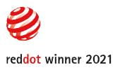 Red Dot Winner 2021 Logo, rot-weißer Globus mit Text.