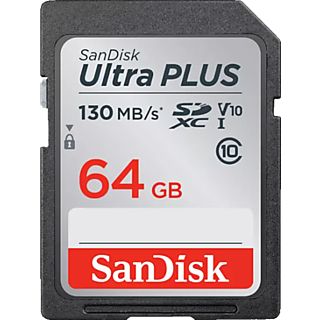 Tarjeta SDXC - SanDisk Ultra Plus, 64 GB, 130 MB/s, UHS-I, V10, Clase 10, Resistente al Agua, Multicolor