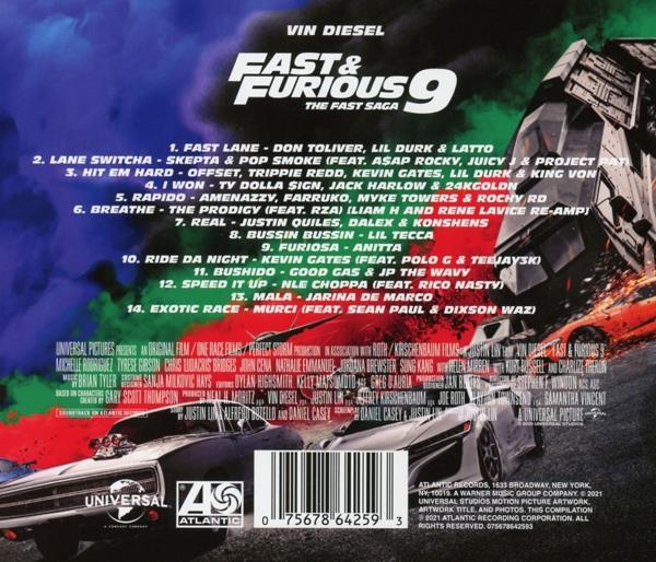 Rückseite des Fast & Furious 9 Soundtrack-Albums mit Titelliste und Auto-Bild.