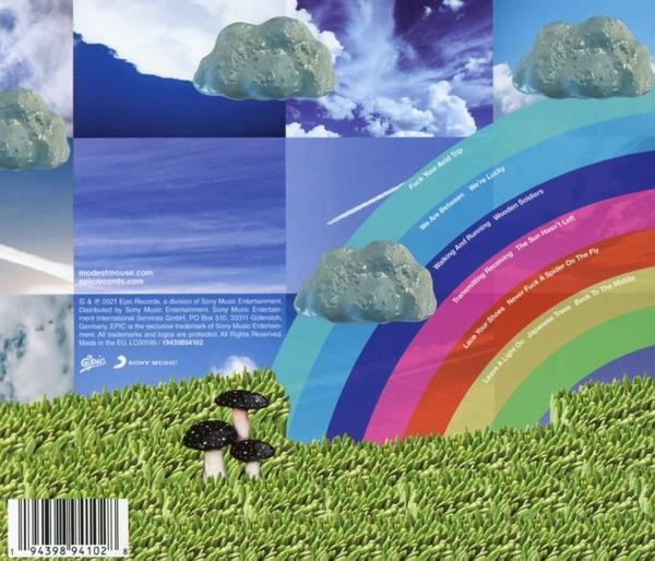 Albumcover mit Regenbogen, Wolken, Gras und Pilzen. Titelliste ist auf der rechten Seite sichtbar.
