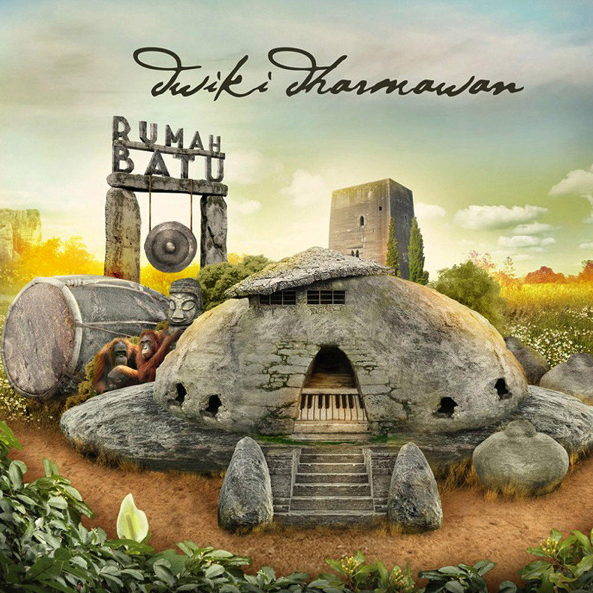 Albumcover mit einem Steingebäude. Ein Gong und eine Trommel befinden sich in der Nähe. Orang-Utans sitzen in der Nähe des Hauses.