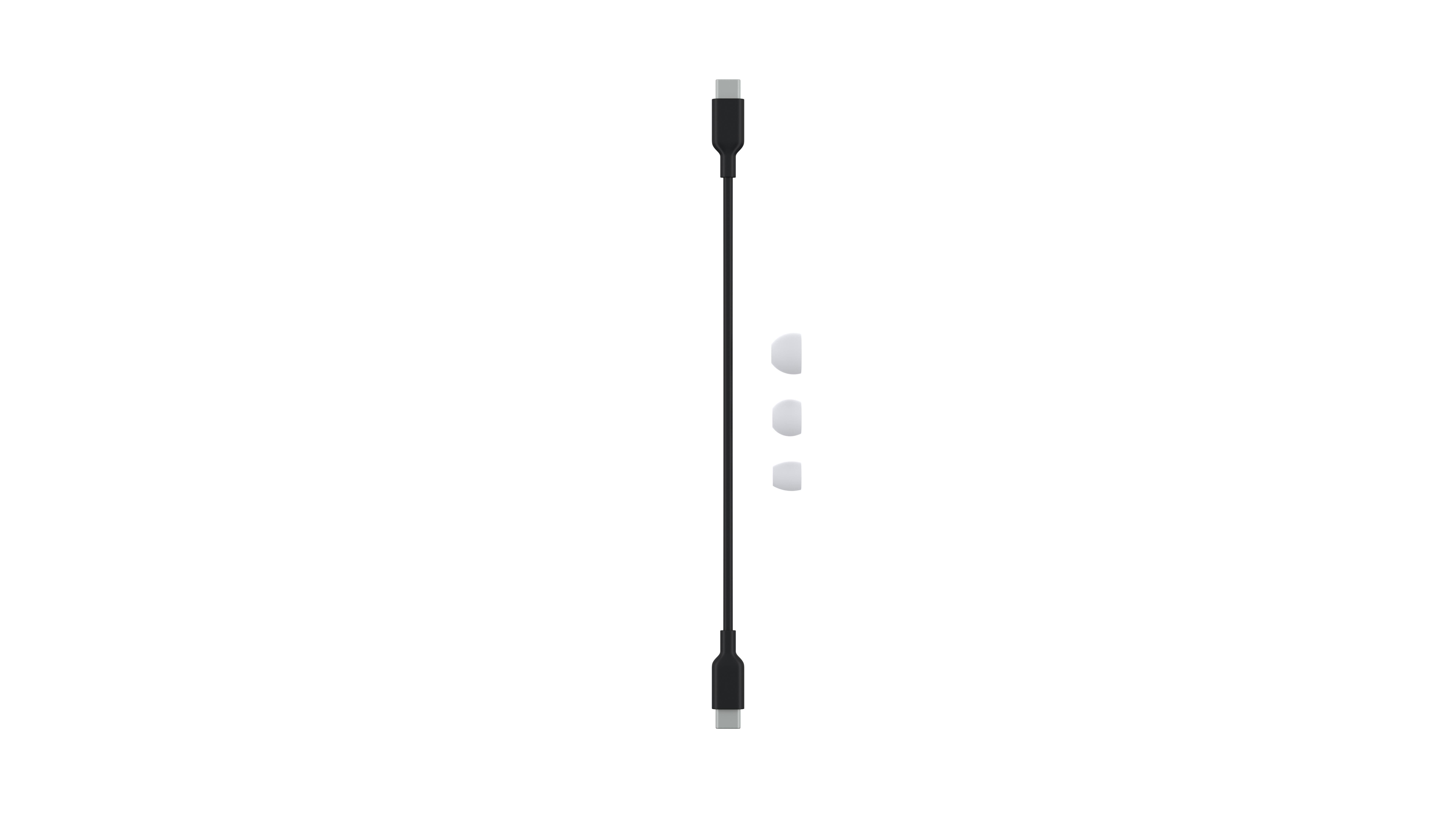 Schwarzes USB-C-Kabel mit zwei Steckern und zwei weißen Ohrhörern auf weißem Grund.