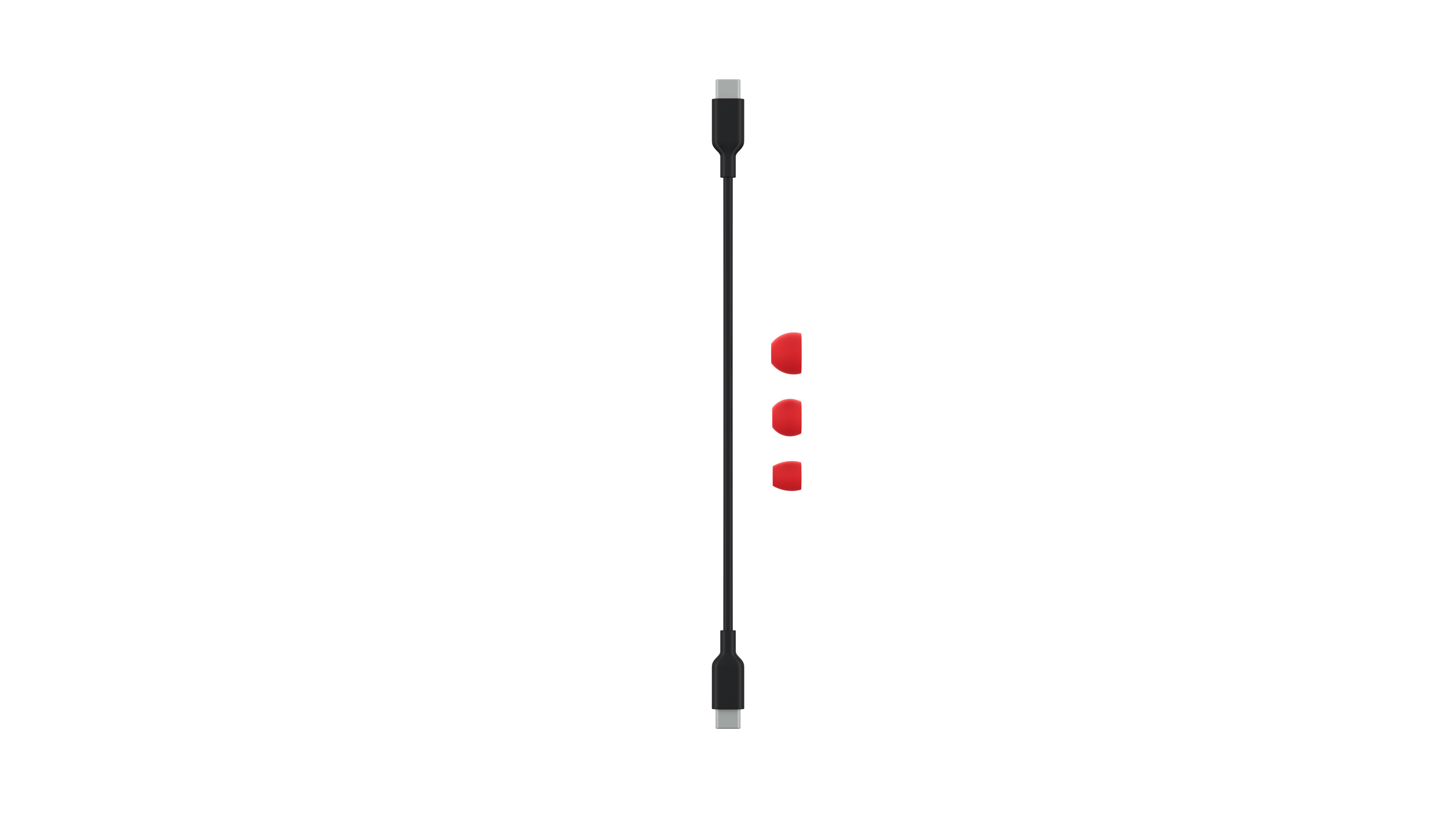 Schwarzes Ladekabel und drei rote Ohrhörer-Aufsätze auf weißem Grund.