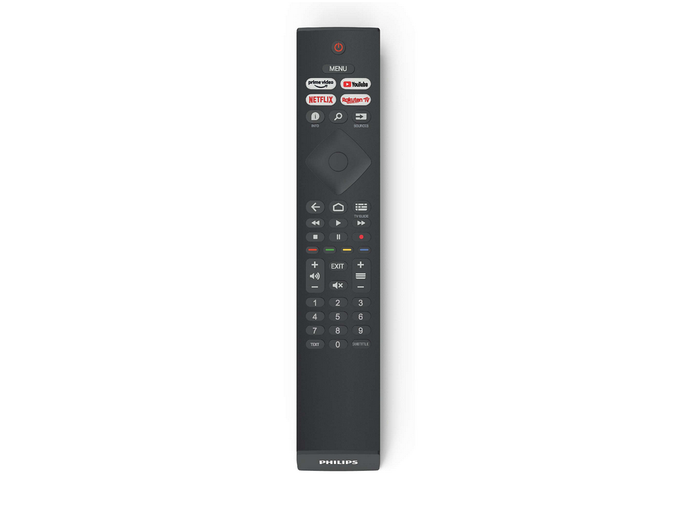 Un mando a distancia de TV negro con varios botones, sobre un fondo blanco.