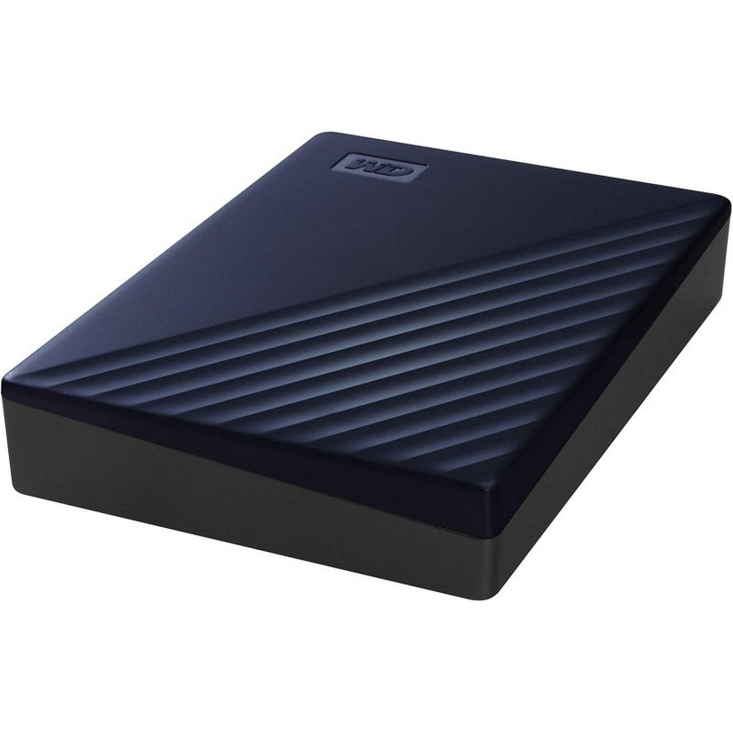 Un disco duro externo WD negro con líneas diagonales en su superficie.