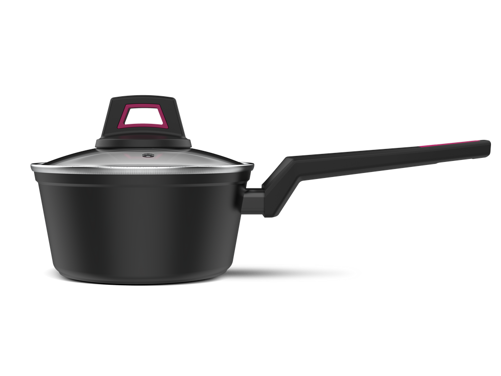 Olla negra con tapa, asa y detalles rosas, sobre un fondo negro.